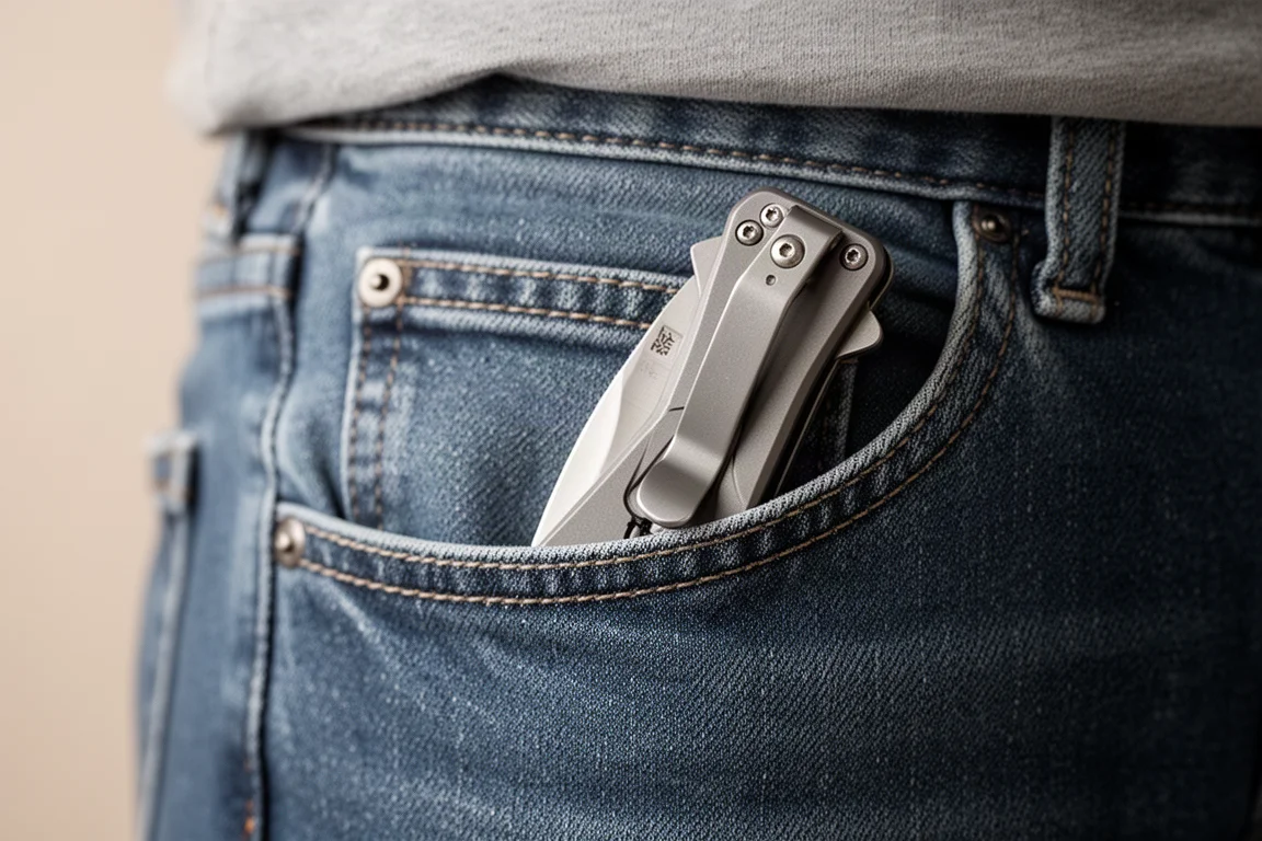 Coltello chiudibile sottile infilato nella tasca frontale di jeans blu alla cucitura