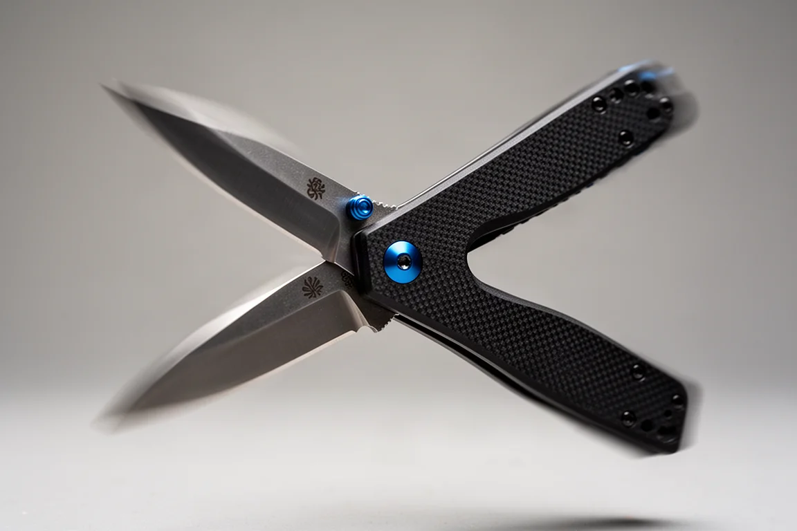 Lama di un coltello chiudibile a metà apertura, che mostra un'apertura fluida con leggero blur di movimento