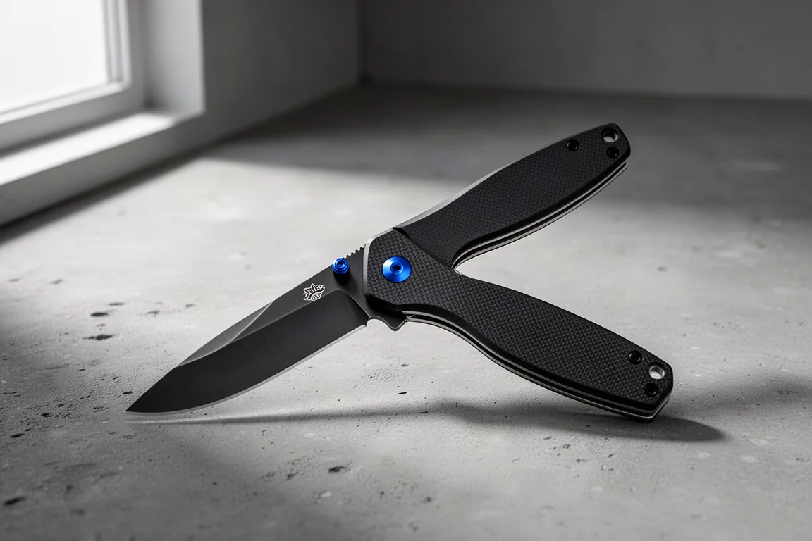 Slim black folding knife with blue pivot accent open on a concrete surface