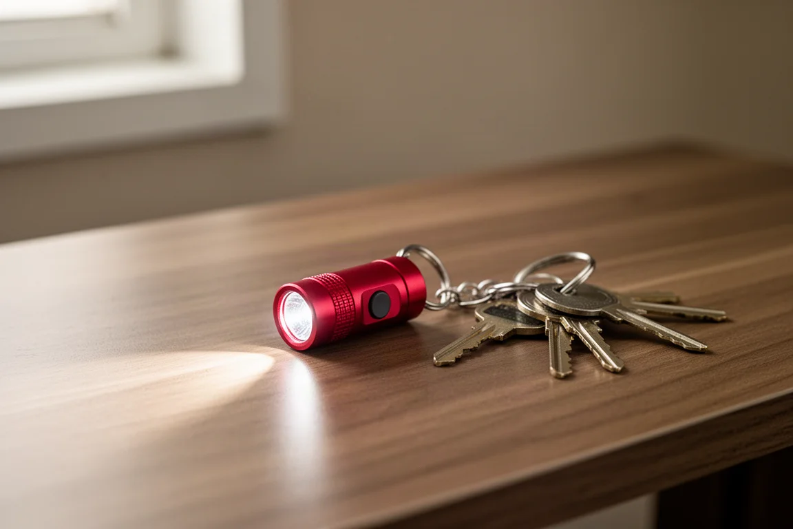Klein kersrood sleutelhangerlampje liggend op een houten bureau