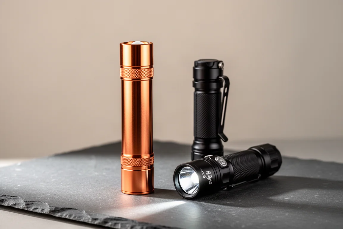 Koperen zaklamp met warme reflecterende afwerking naast een compacte zwarte tactische lamp