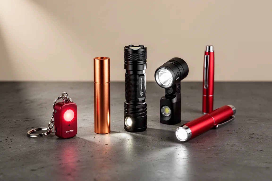 Five compact Olight flashlights arranged on a dark concrete surface