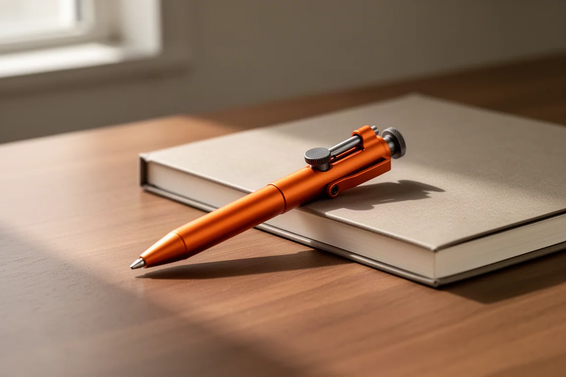 Petit stylo orange à pompe coulissante posé sur un bureau en bois à côté d'un carnet