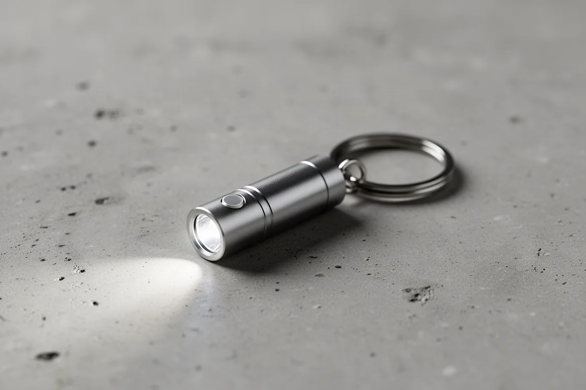 Minuscule lampe de trousseau attachée à un porte-clés sur une surface en béton