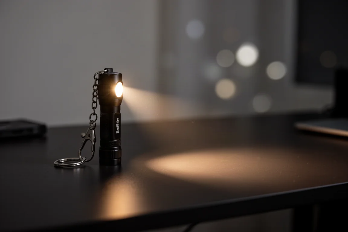 Lampe de trousseau projetant un faisceau chaud sur un bureau sombre la nuit