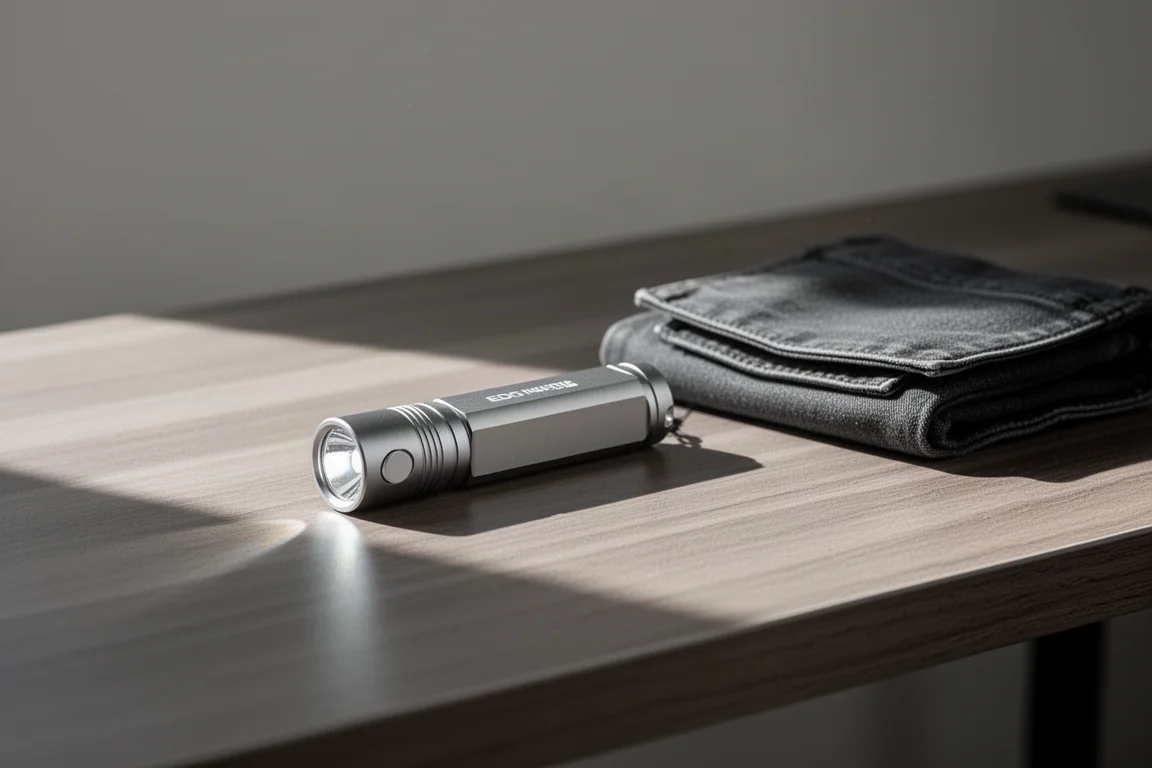 Slim rectangular EDC flashlight resting on a desk in soft window light
