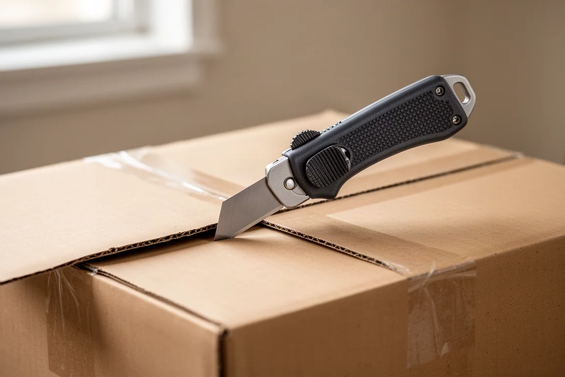 Compact utility knife slicing cleanly through cardboard