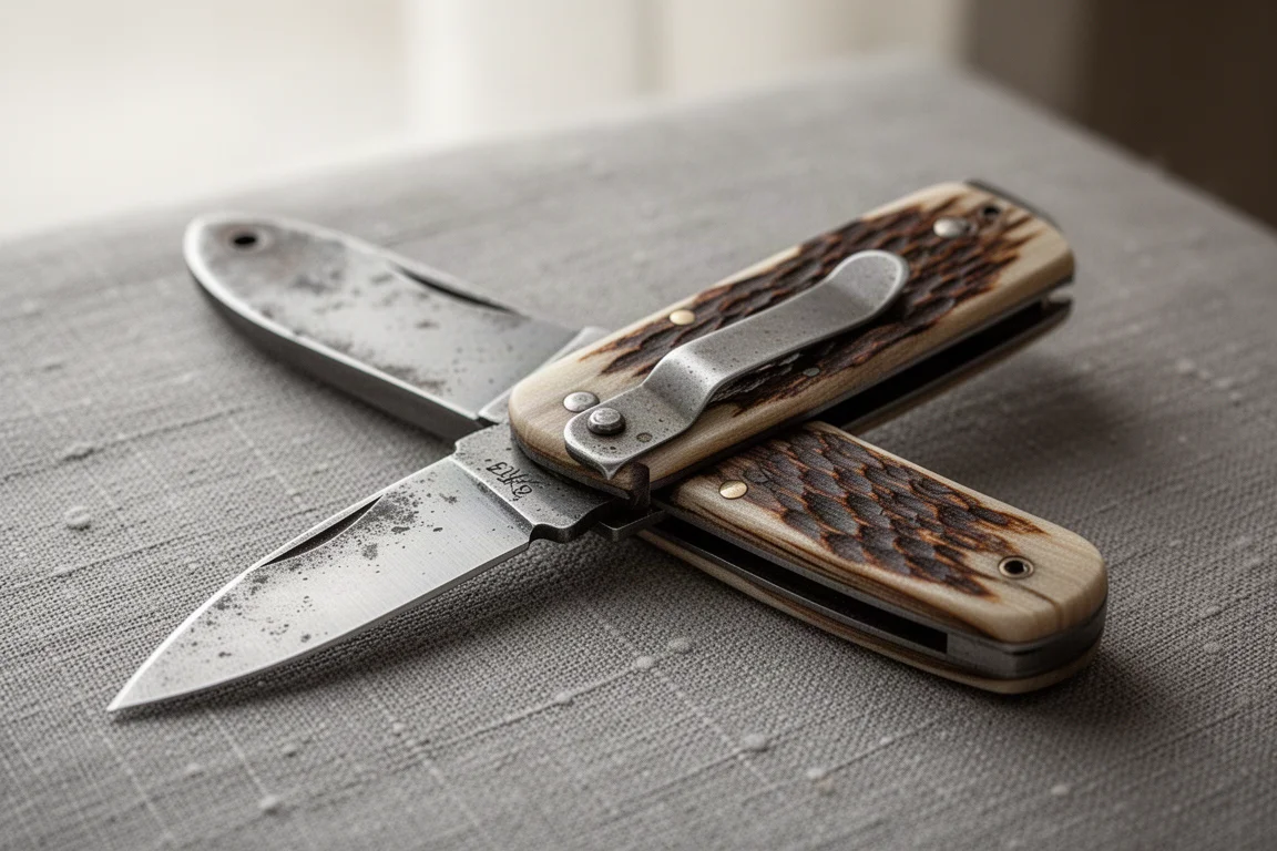 Well-used pocket knife with micarta scales and pocket clip on a desk