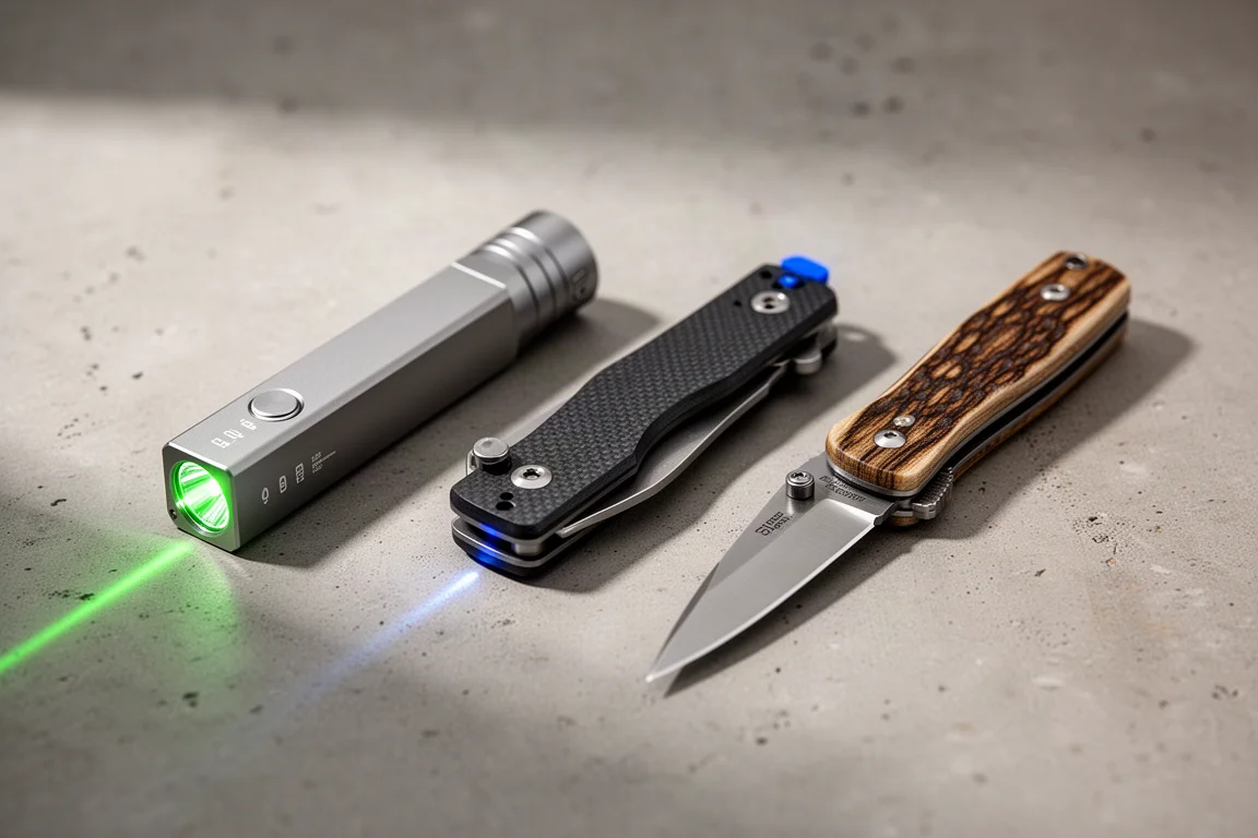 Torcia Olight Arkfeld, coltello multiuso O'Tac e coltello da tasca Parrot disposti su cemento