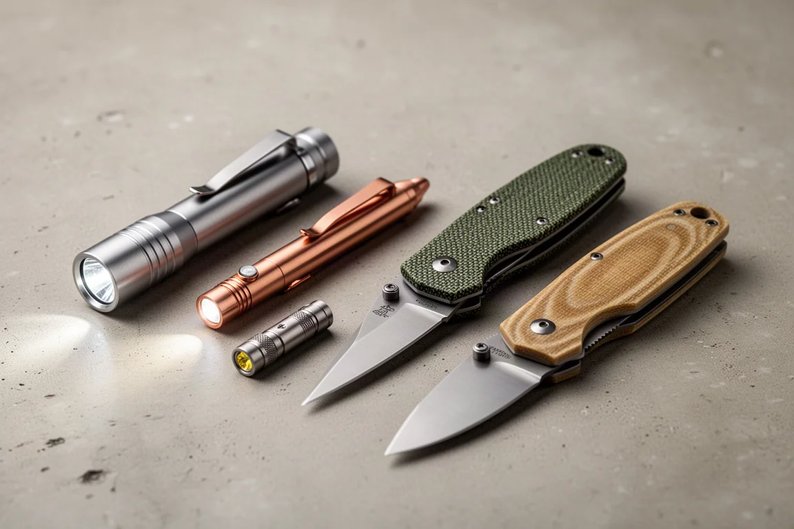 Cinque strumenti EDC tra torce, una torcia a penna e due coltelli pieghevoli su cemento
