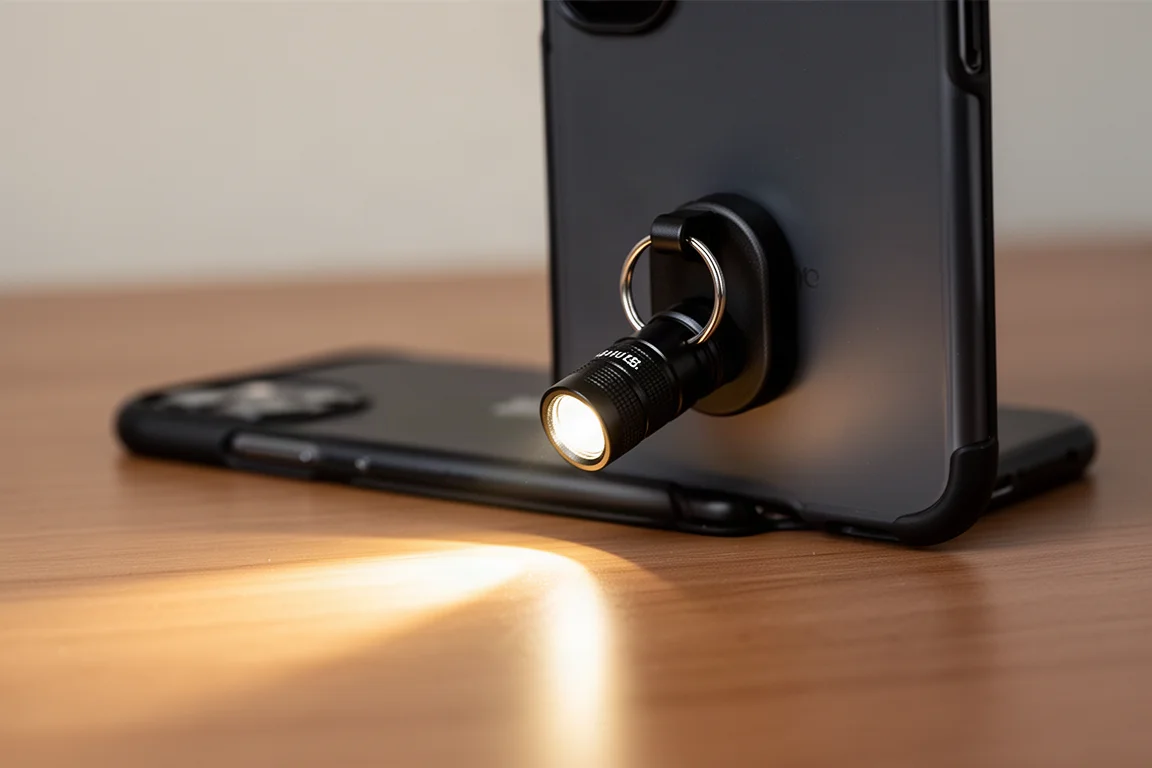 Pequeña linterna de llavero enganchada a la funda de un smartphone proyectando un haz enfocado