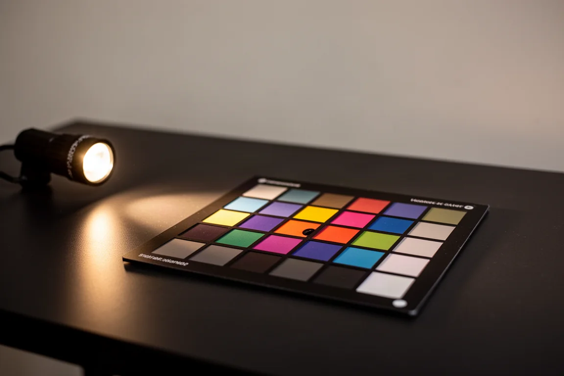Haz de luz blanca cálida iluminando la carta de calibración de color de un fotógrafo