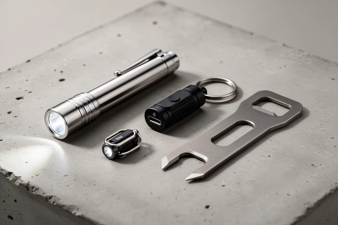 Torcia in acciaio inox, due piccole torce portachiavi e un attrezzo a leva in titanio disposti su cemento