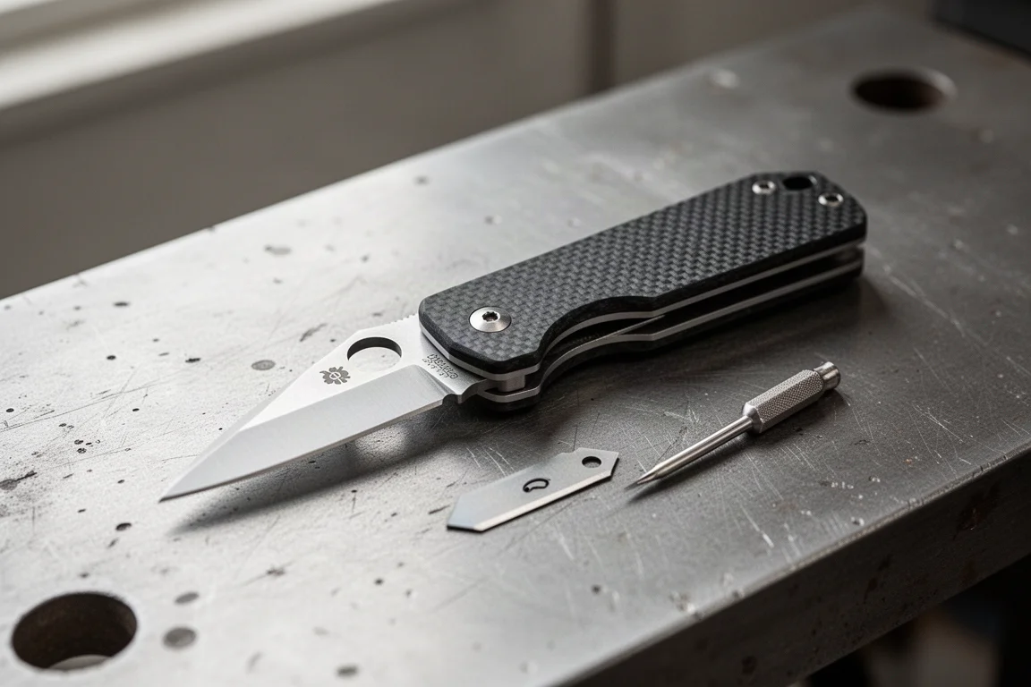 Kompaktes EDC-Utility-Knife auf einer Werkbank liegend, daneben eine Ersatzklinge
