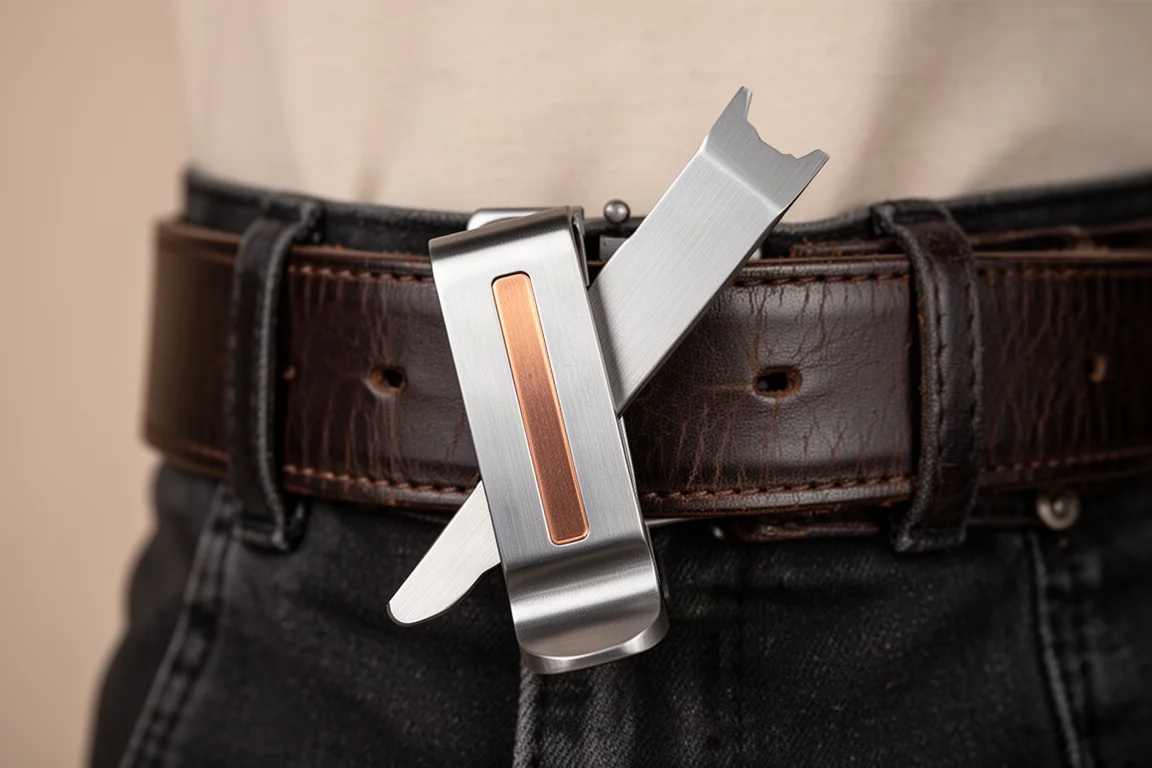 Titanium-Pry-Bar an einem Ledergürtel befestigt, das Kupfer-Inlay gut sichtbar