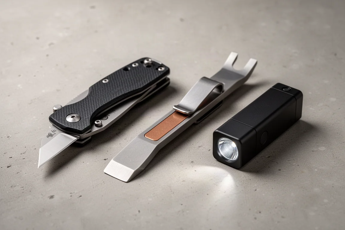 Three EDC tools lined up: utility knife, titanium pry bar, and rectangular flashlight on concrete