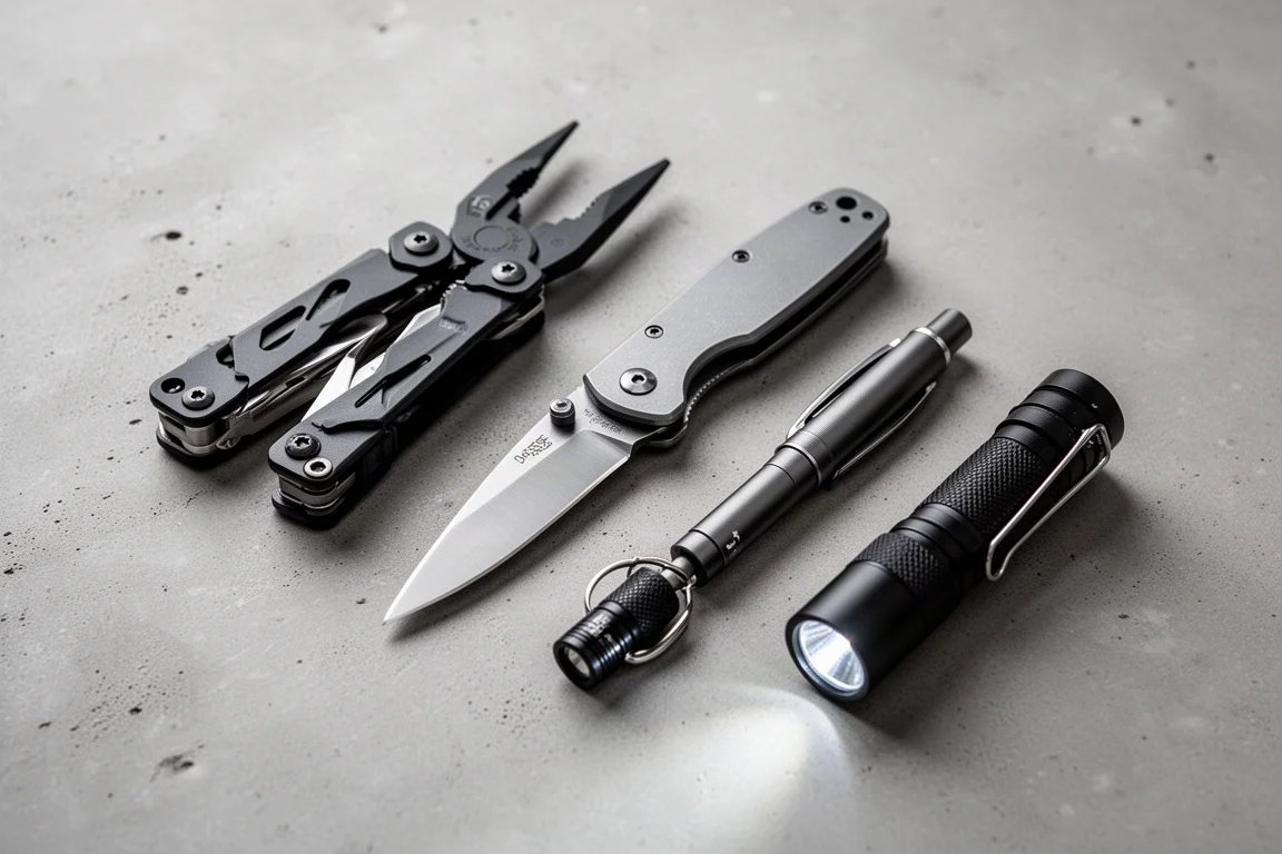Cinque oggetti da uso quotidiano, tra cui un multi-tool, un coltello, una penna e due torce, appoggiati su cemento