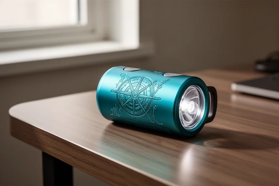 Kompakt teal-grön klämlampa med lasergraverade sjöfartsmotiv på ett skrivbord
