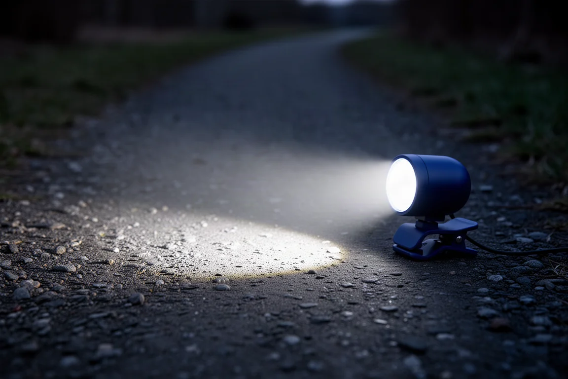 Blå klämlampa som projicerar ett brett farkastmönster på en mörk stig
