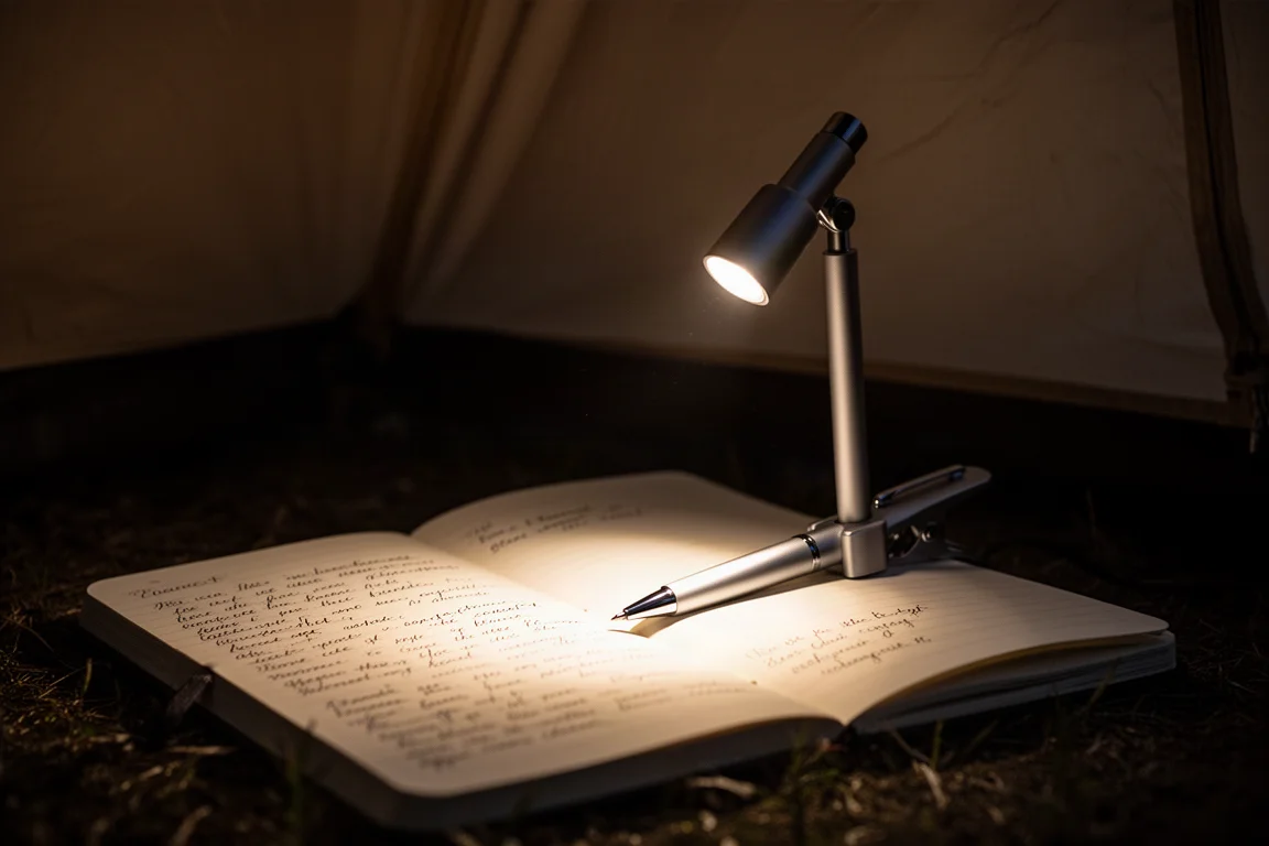 Pennaformad lampa som lyser upp en anteckningsbok i ett mörkt tält