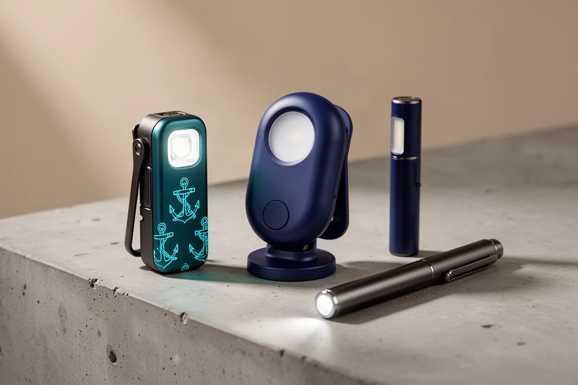 Three compact Olight-style EDC lights arranged on a concrete surface