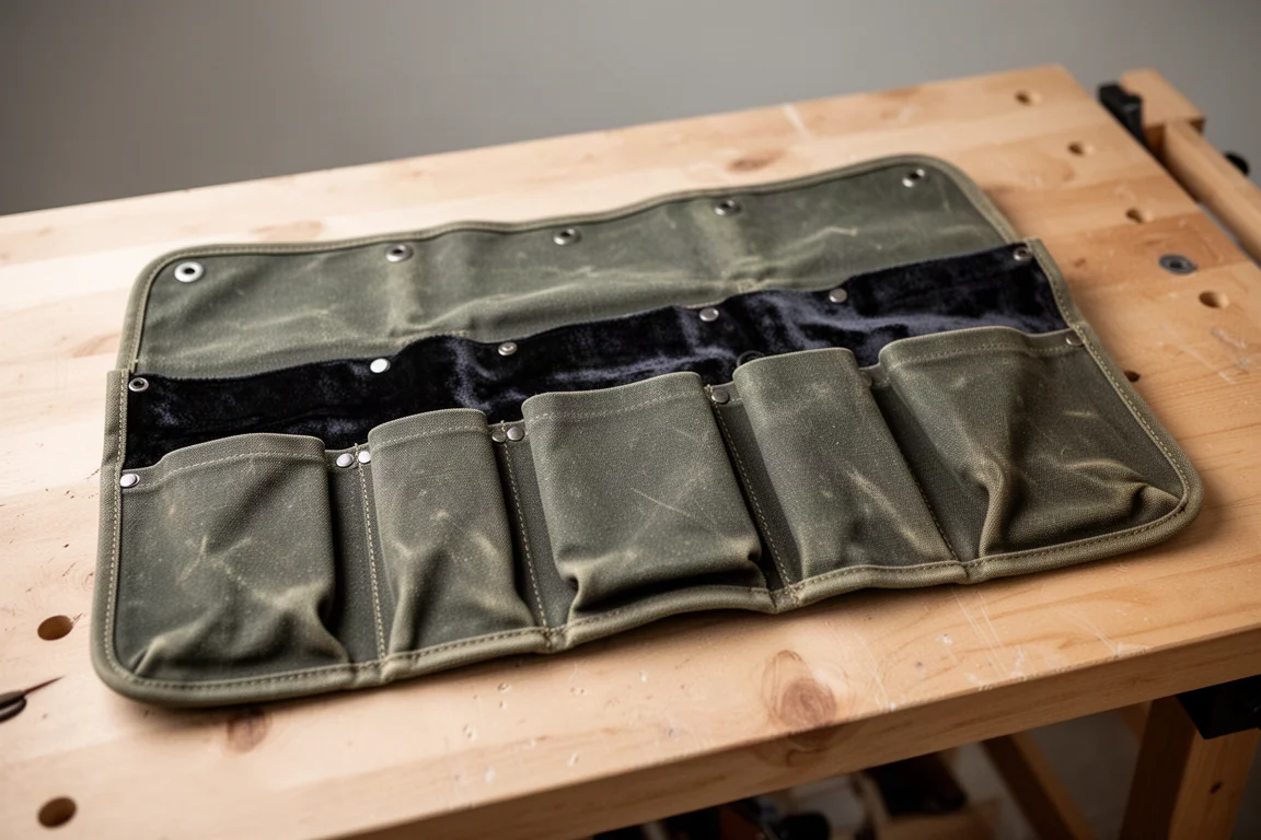 Open tool roll showing six fabric pockets of two different sizes