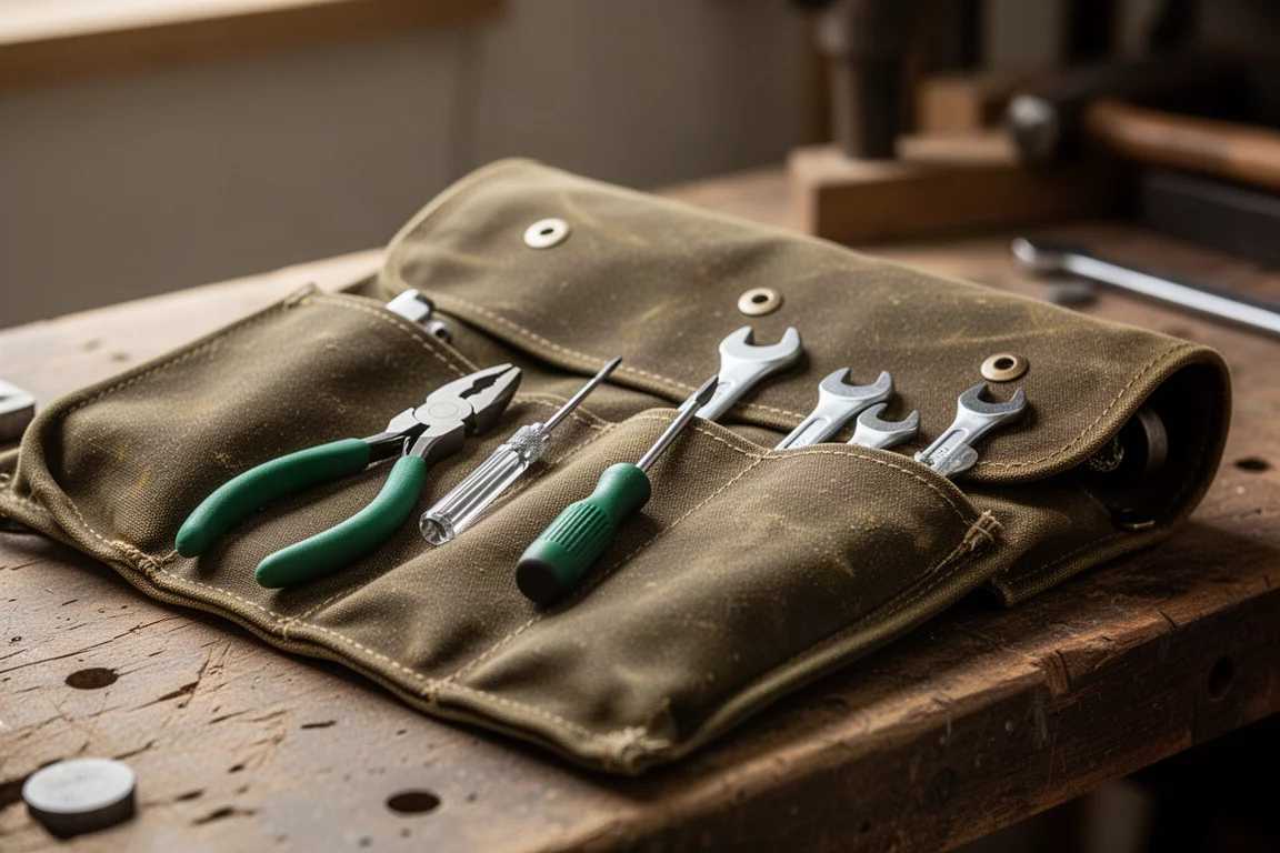 Tool roll loaded with a compact set of pliers and hand tools