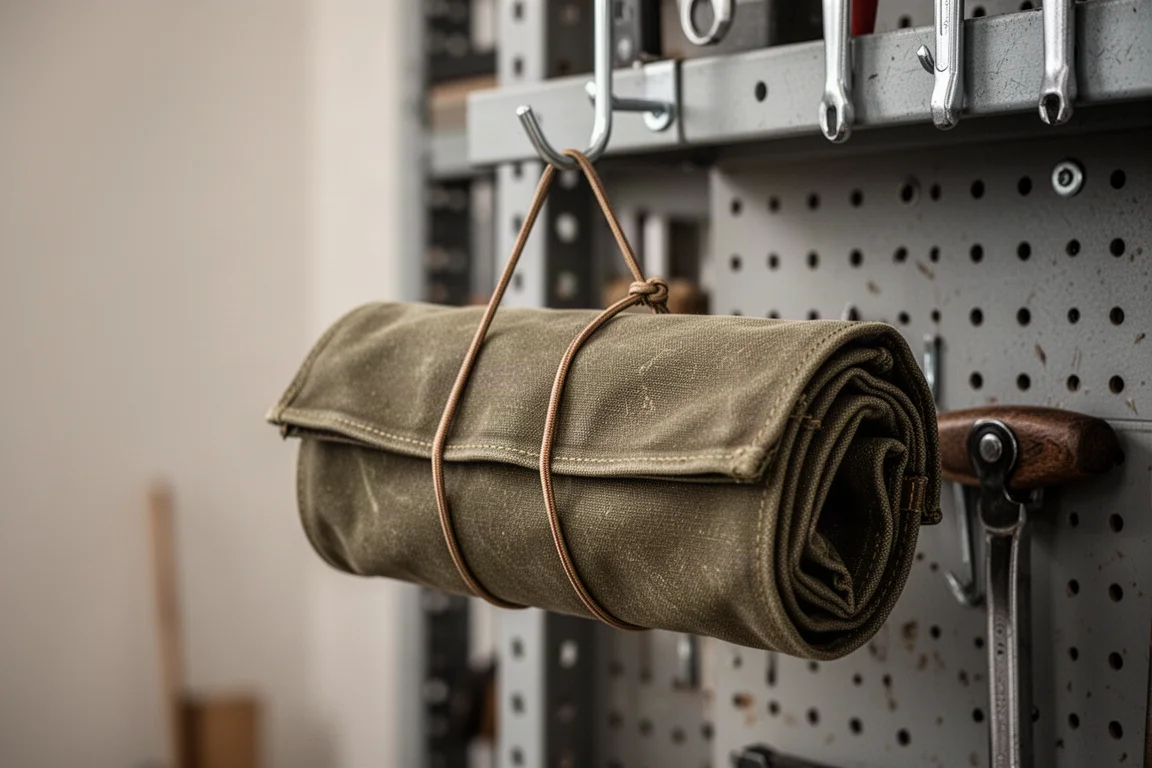 Tool roll hung on a hook with bungee cord closure visible
