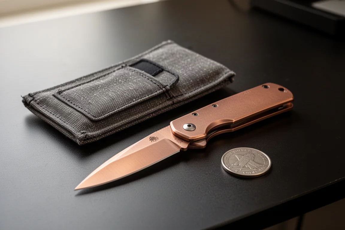 Copper folding knife freshly opened beside its storage pouch on a dark desk