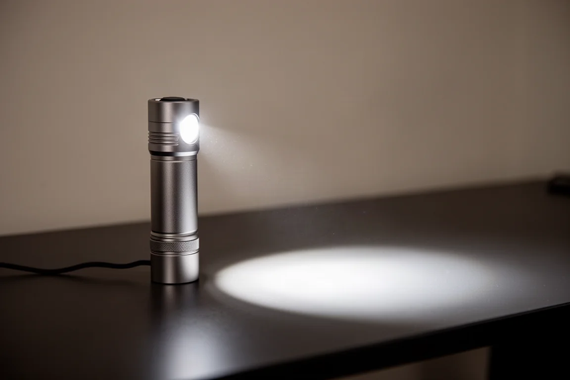 Compact flashlight casting a neutral white beam across a desk