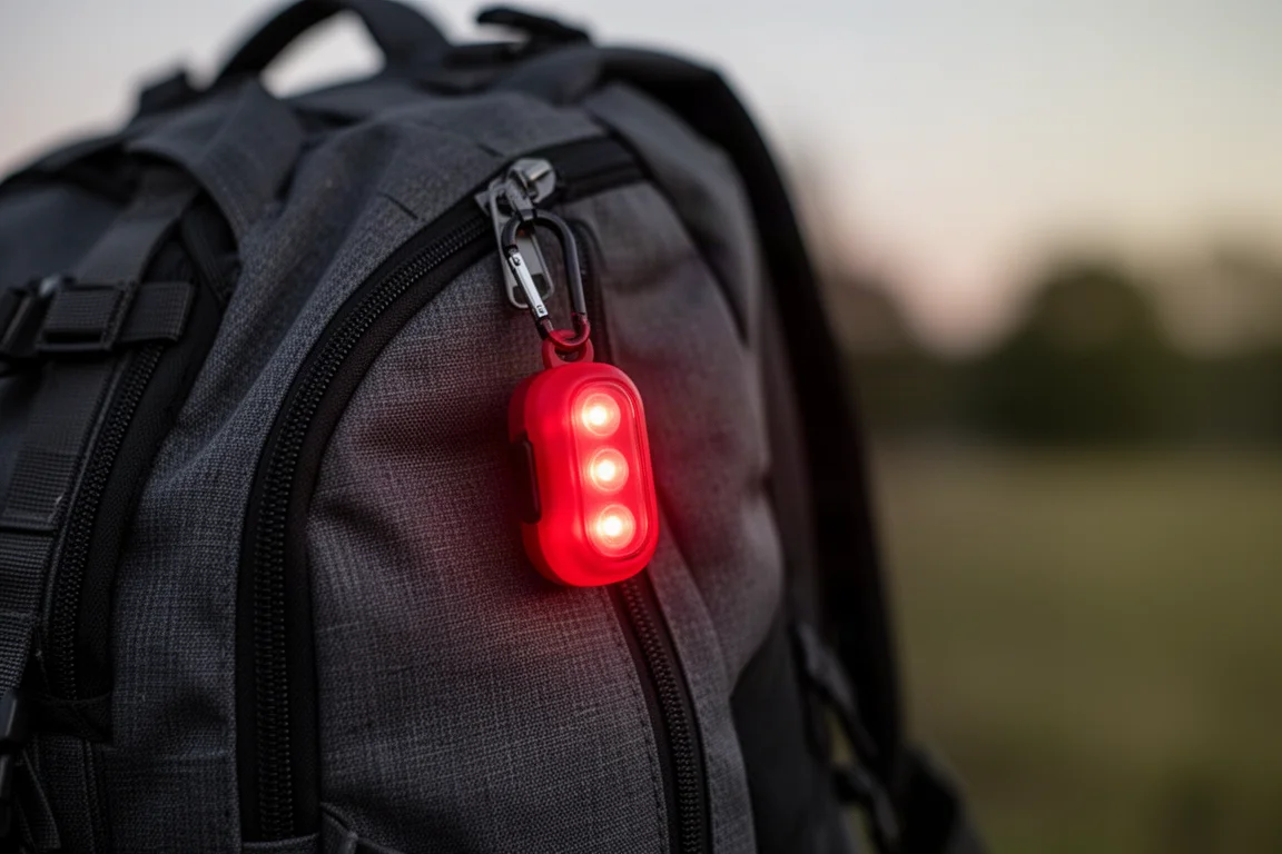 Small safety light clipped to a backpack strap glowing red at dusk