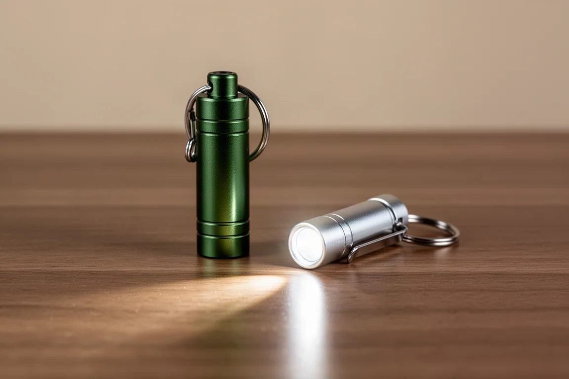 Two tiny keychain flashlights on a wooden surface, one switched on