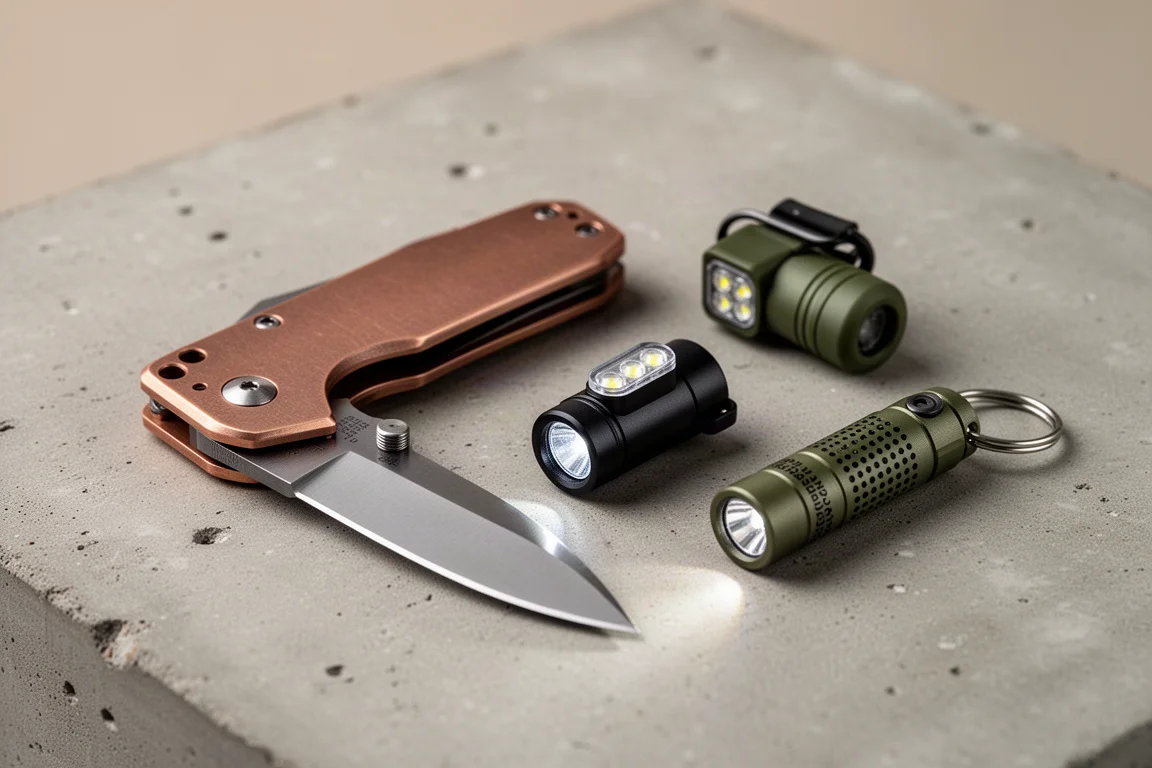 Five compact everyday carry items including a copper knife and small flashlights arranged on concrete