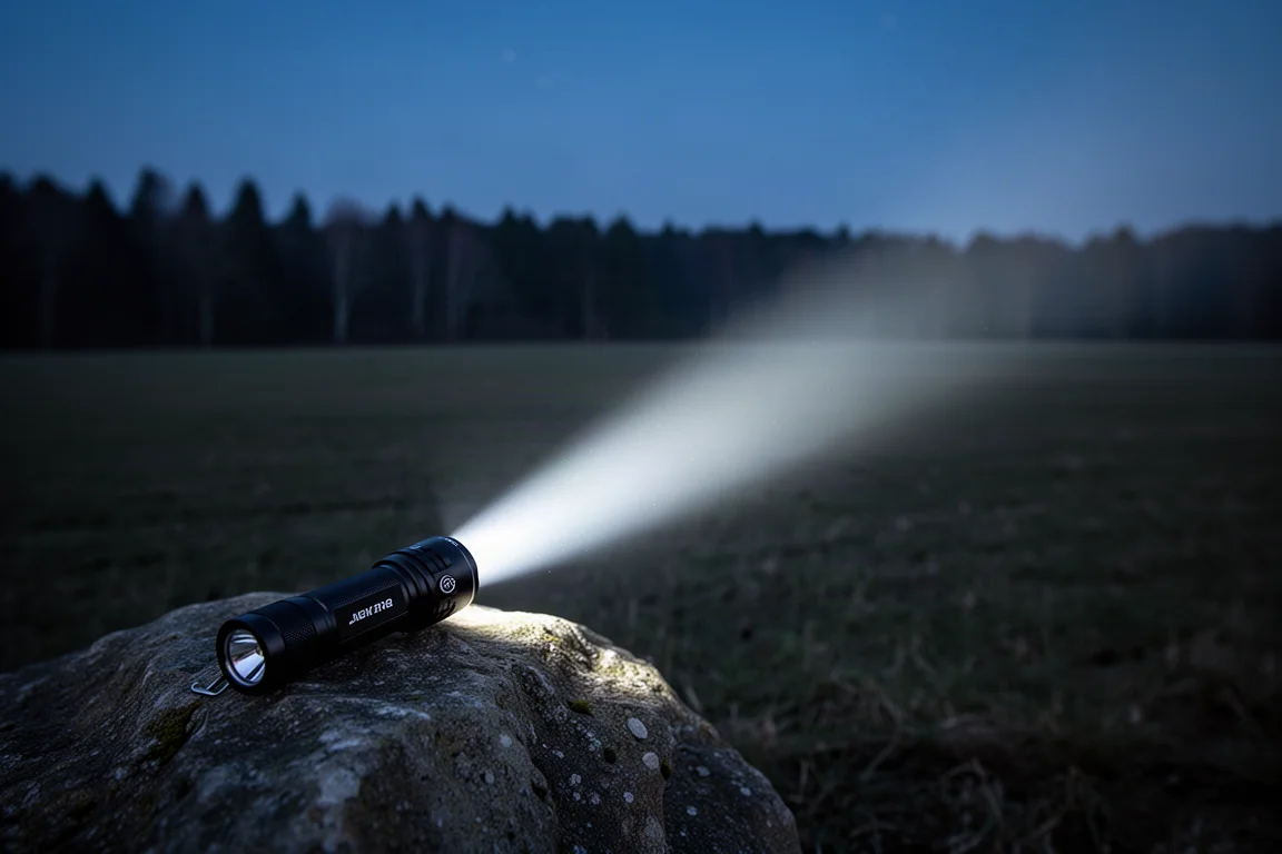 紧凑型远射手电筒在夜晚黑暗的田野上投出一道紧密明亮的集中光束