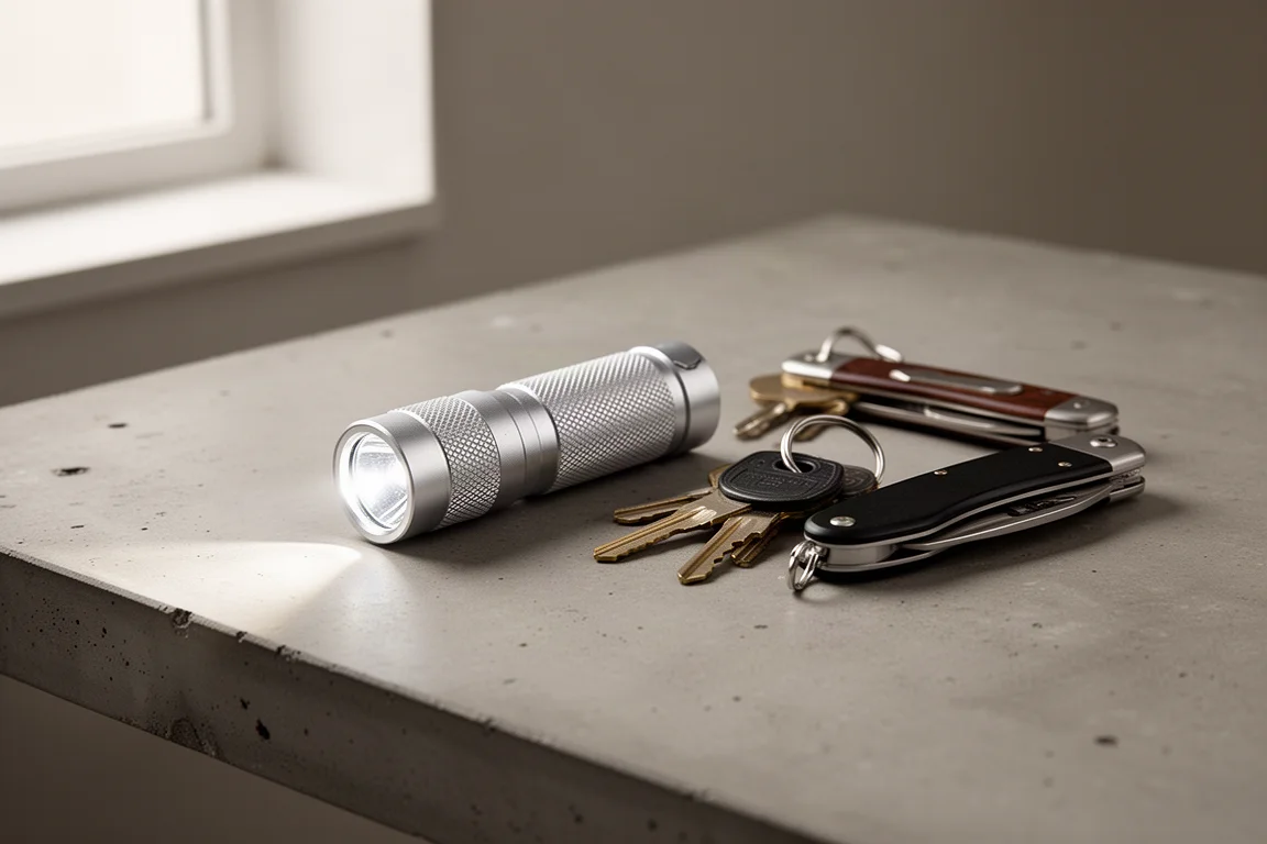 Compact pocket flashlight resting on a desk beside everyday carry items