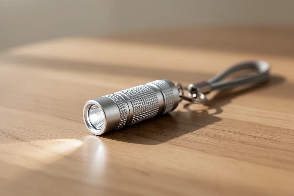 Tiny keychain flashlight clipped to a lanyard held in soft indoor light