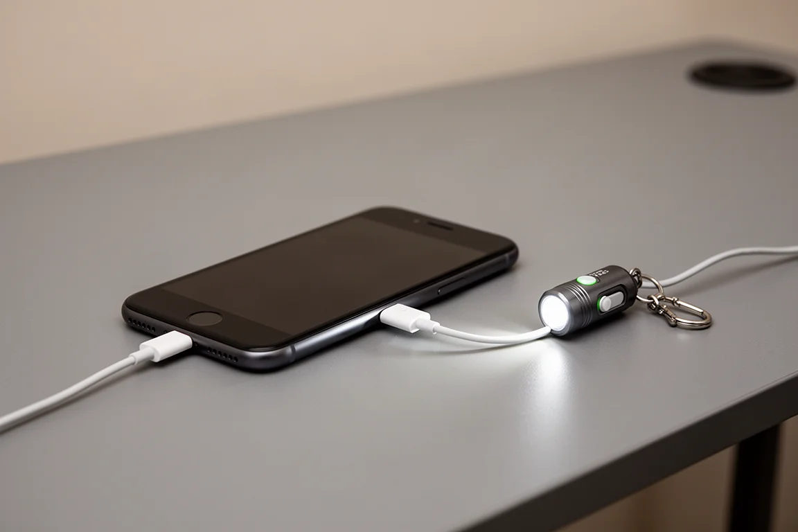 Smartphone lying on a desk next to a small flashlight being charged