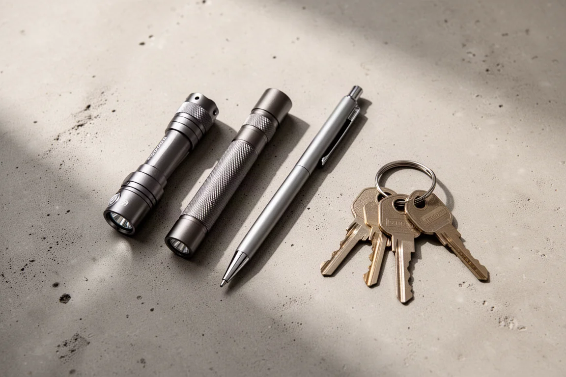 Everyday carry flat lay with flashlights, pen, and keys on concrete