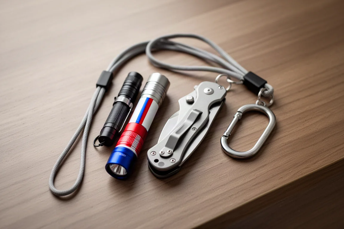 Compact EDC flashlight lying on a wooden desk next to everyday carry items