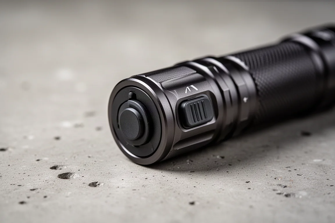 Flashlight tail switch and side button shown in close-up detail on concrete
