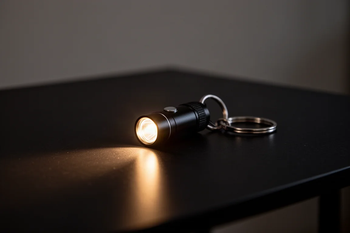 Tiny keychain light glowing softly on a dark tabletop at night