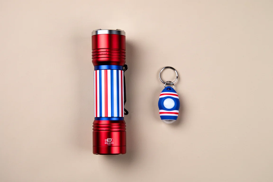 Two flashlights side by side on a neutral seamless studio surface
