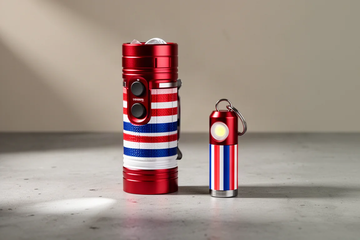 Olight Warrior Mini 2 and i1R 2 Pro flashlights in flag color scheme on concrete