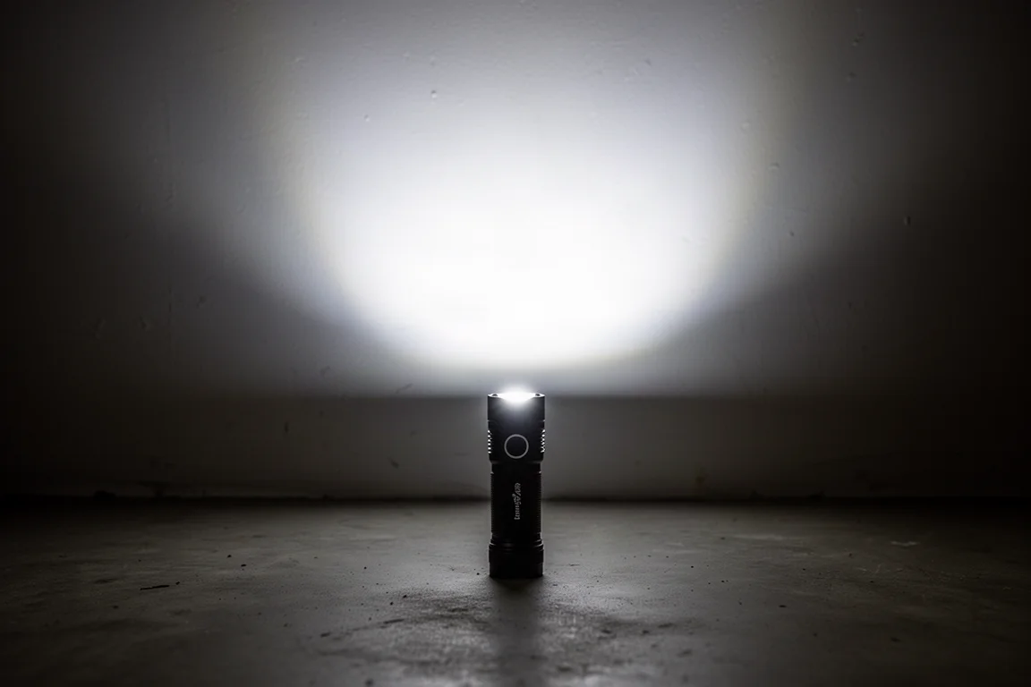 Bright flashlight beam illuminating a large indoor area evenly