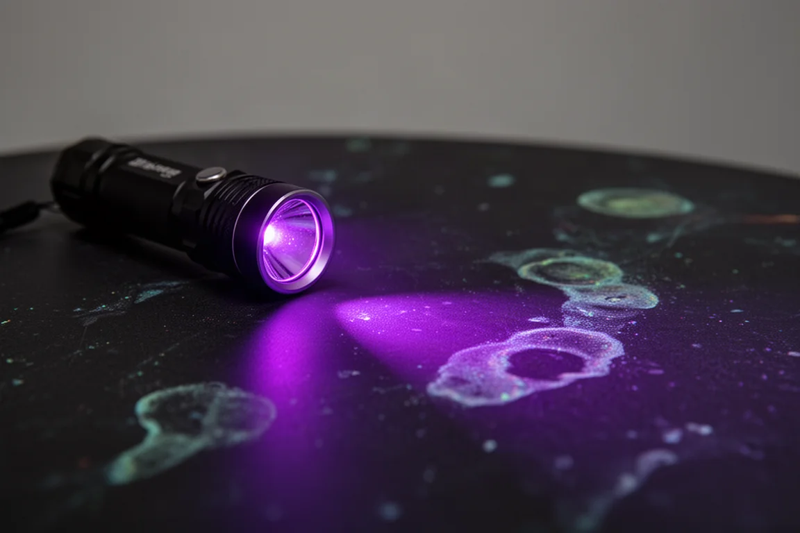 Ultraviolet light beam revealing glow patterns on a dark surface