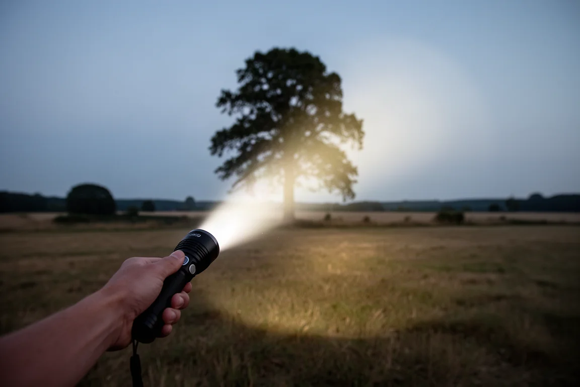 Flashlight turbo beam reaching a distant treeline at dusk