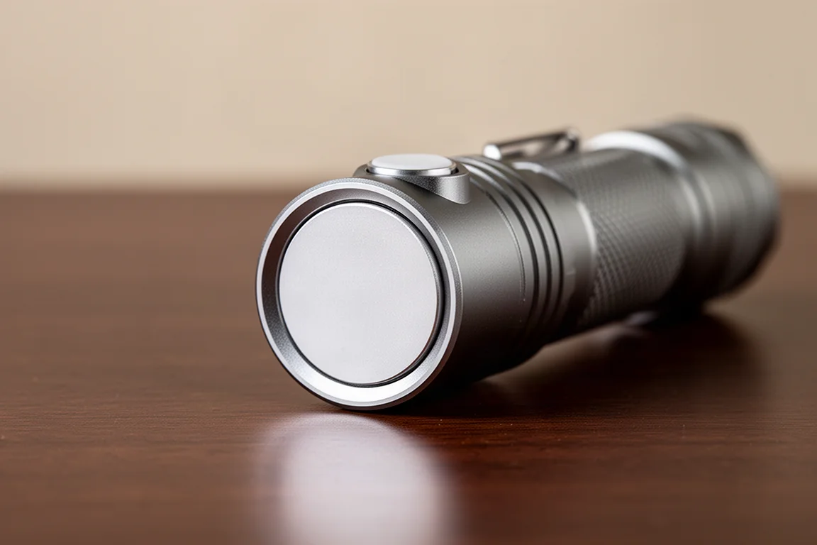 Magnetic charging plate on a flashlight tail cap looking clean and smooth