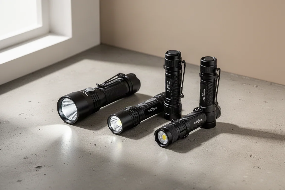 Tre torce Olight nere disposte su una superficie di cemento
