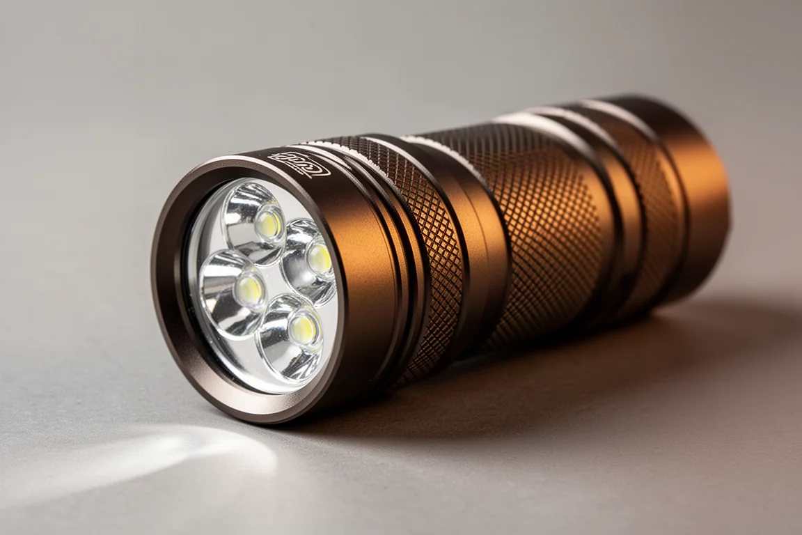 Torcia EDC robusta tenuta in una mano che mostra il cluster di LED e la texture antiscivolo
