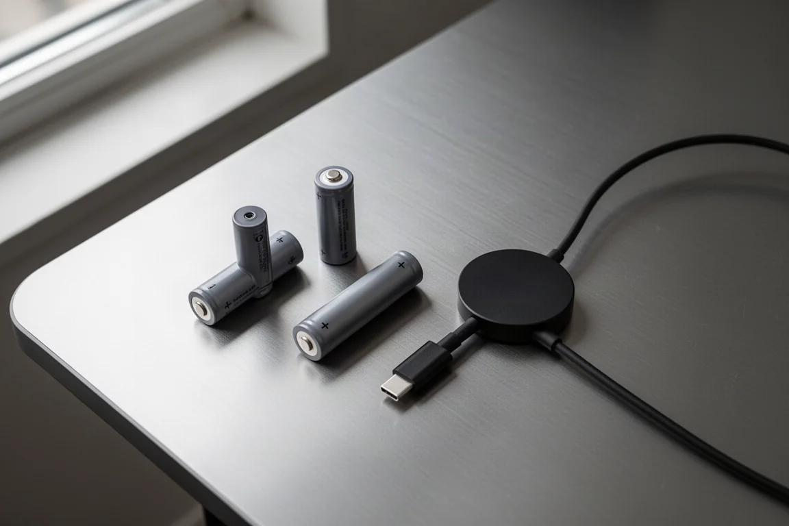 Due piccole batterie ricaricabili e un cavo di ricarica magnetico disposti su una scrivania